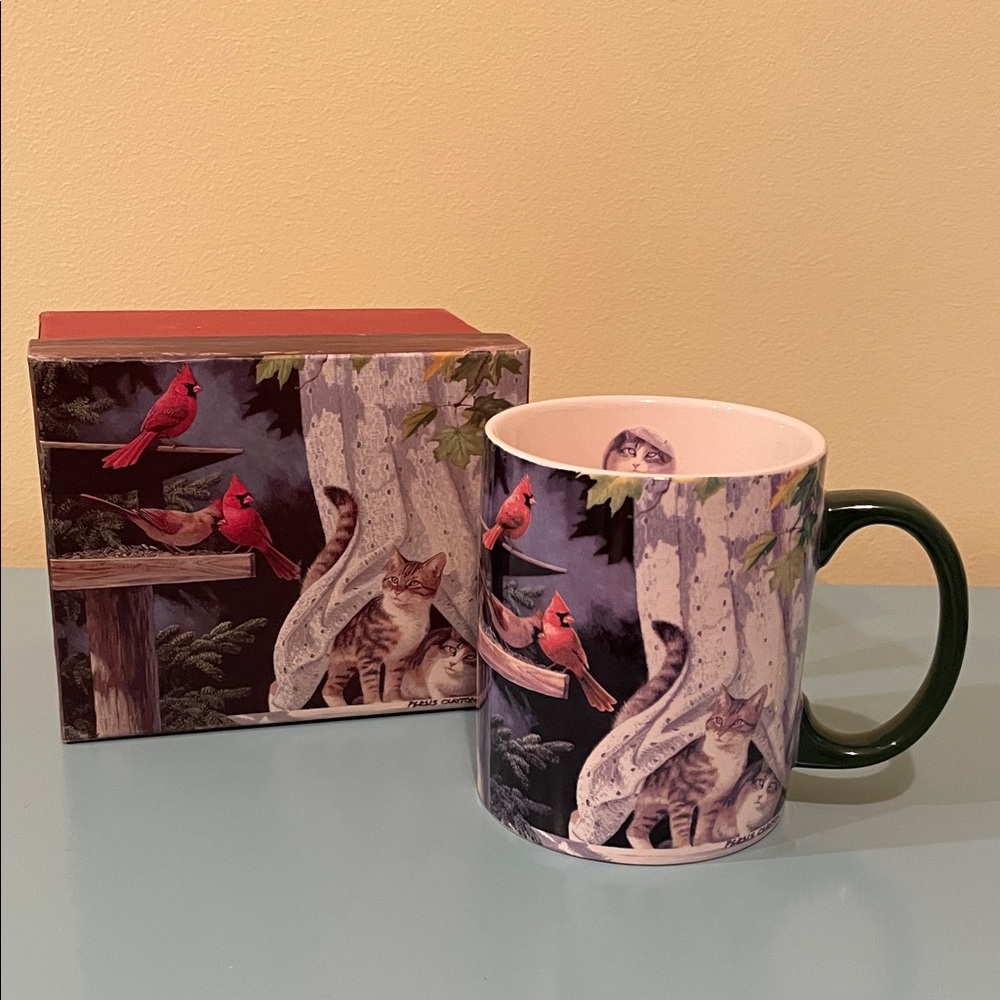 Vintage LANG “Curtain Call” Cat and Cardinal Mug by Paula Clayton with Box